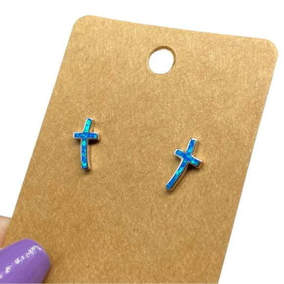 Blue Fire Opal Cross Earrings Solid 925 Sterling Silver Post Stud Pierced Gift - Picture 3 of 9